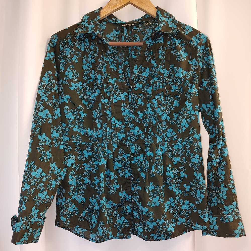 100% Cotton Teal Floral Pleated Front Blouse Size Small